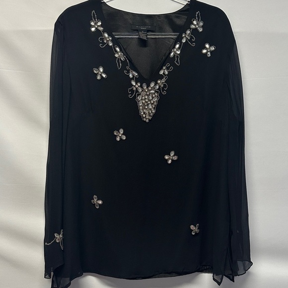 SilkLand 100% Silk Black Embellished Long Sleeve Women's Plus Size Blouse - Picture 1 of 3